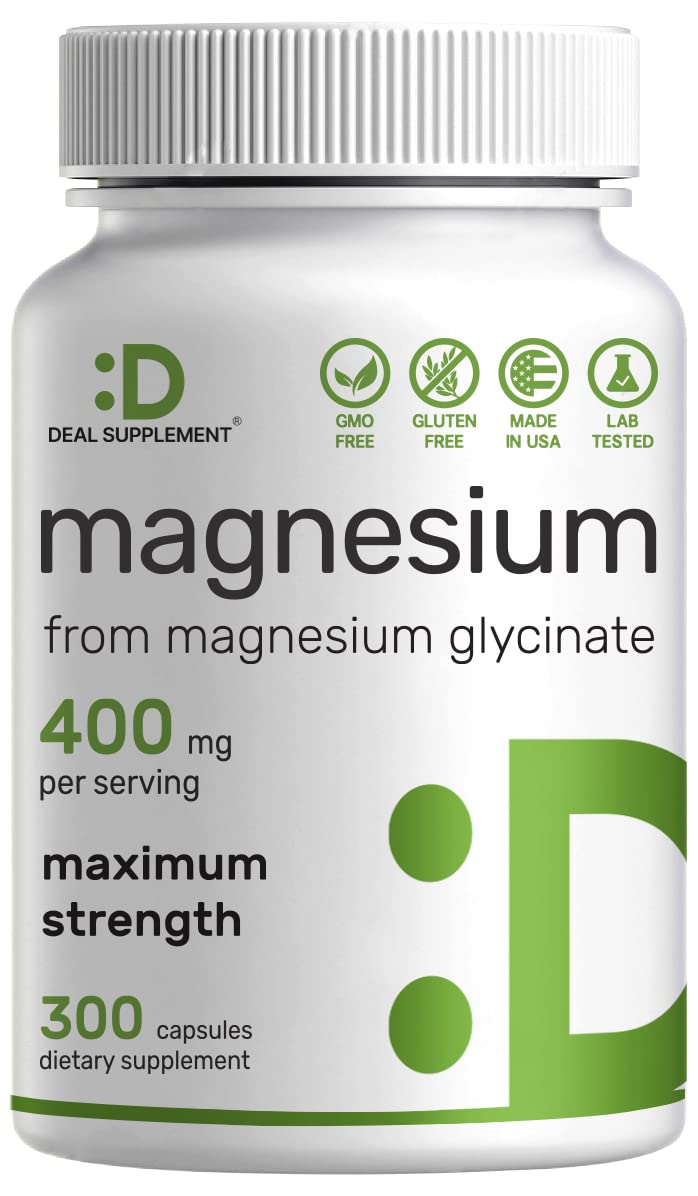 DEAL SUPPLEMENT Magnesium Glycinate 400mg bottle front for easy absorption.