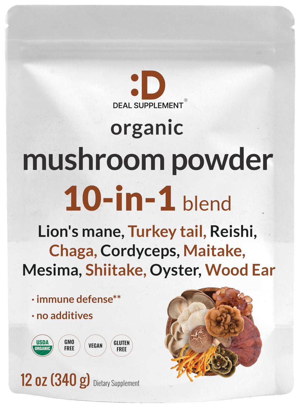 DEAL SUPPLEMENT organic mushroom powder bottle highlighting immune-support blend