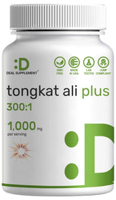 Deal Supplement Tongkat Ali extract capsules on bottle for natural energy support.