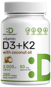 DEAL SUPPLEMENT Vitamin D3 K2 softgels bottle highlights easy daily intake and wellness support