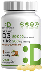 DEAL SUPPLEMENT Vitamin D3 + K2 softgels bottle on table supports bone and immune health.