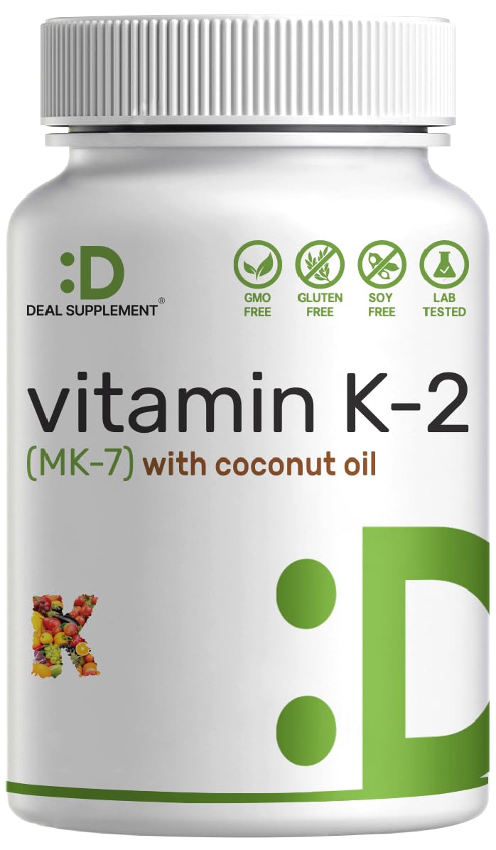 Deal Supplement vitamin K2 MK-7 softgels in coconut oil base for enhanced absorption.