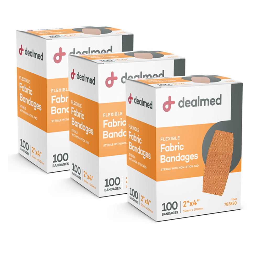 DealMed fabric bandages 2x4 with non-stick pad for flexible protection during activities.