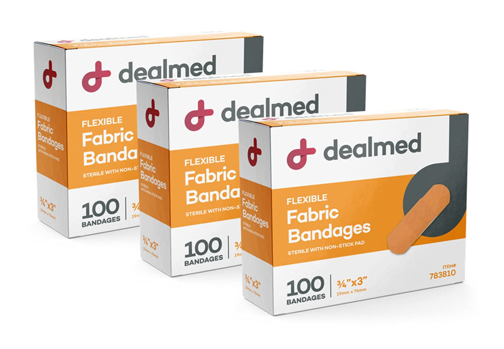 DealMed fabric bandages in a 3-pack packaging with breathable protection for minor wounds.