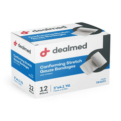 Dealmed gasa conformante de 3 pulgadas en caja de 12 rollos para vendajes rápidos.