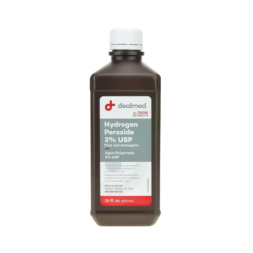 Dealmed 3% hydrogen peroxide 16 oz bottle ready for first aid cleaning and surface disinfection.