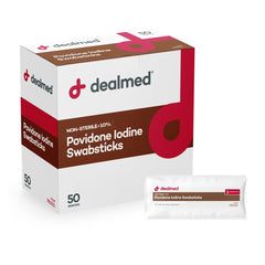 Dealmed povidone iodine swabsticks in individually sealed packets for portable first aid
