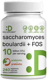 DEAL SUPPLEMENT Saccharomyces boulardii bottle highlighting probiotic strength for gut balance.