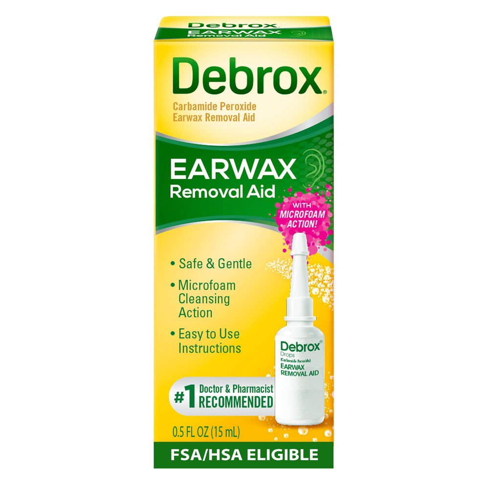 Debrox bottle showing microfoam action for safe at-home ear care.