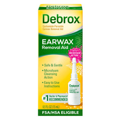 Debrox bottle showing microfoam action for safe at-home ear care.