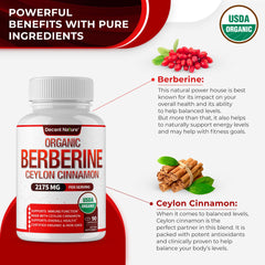 DECENT NATURE Organic Berberine Cinnamon label shows organic, non-GMO promise.