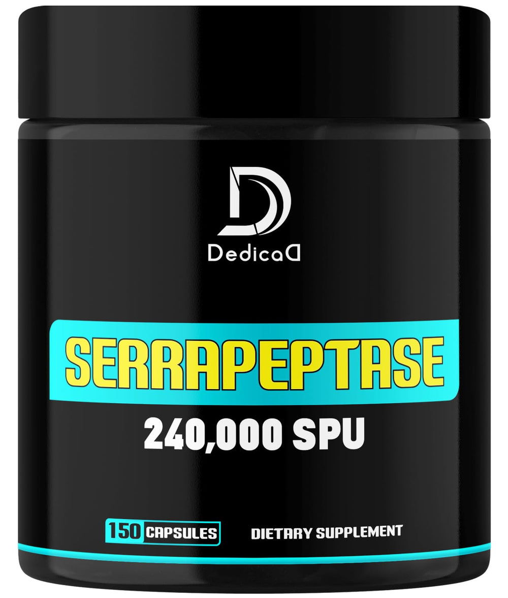 DEDICAD Serrapeptase bottle close-up showing potency for respiratory comfort