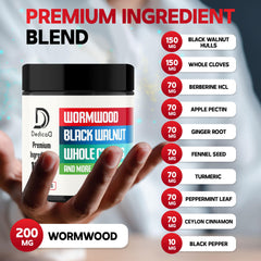 Close-up of DEDICAD Wormwood label showing 120 veggie capsules for two months