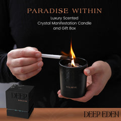 Deep Eden candle crystals visible enhance ambience for mindful evenings.