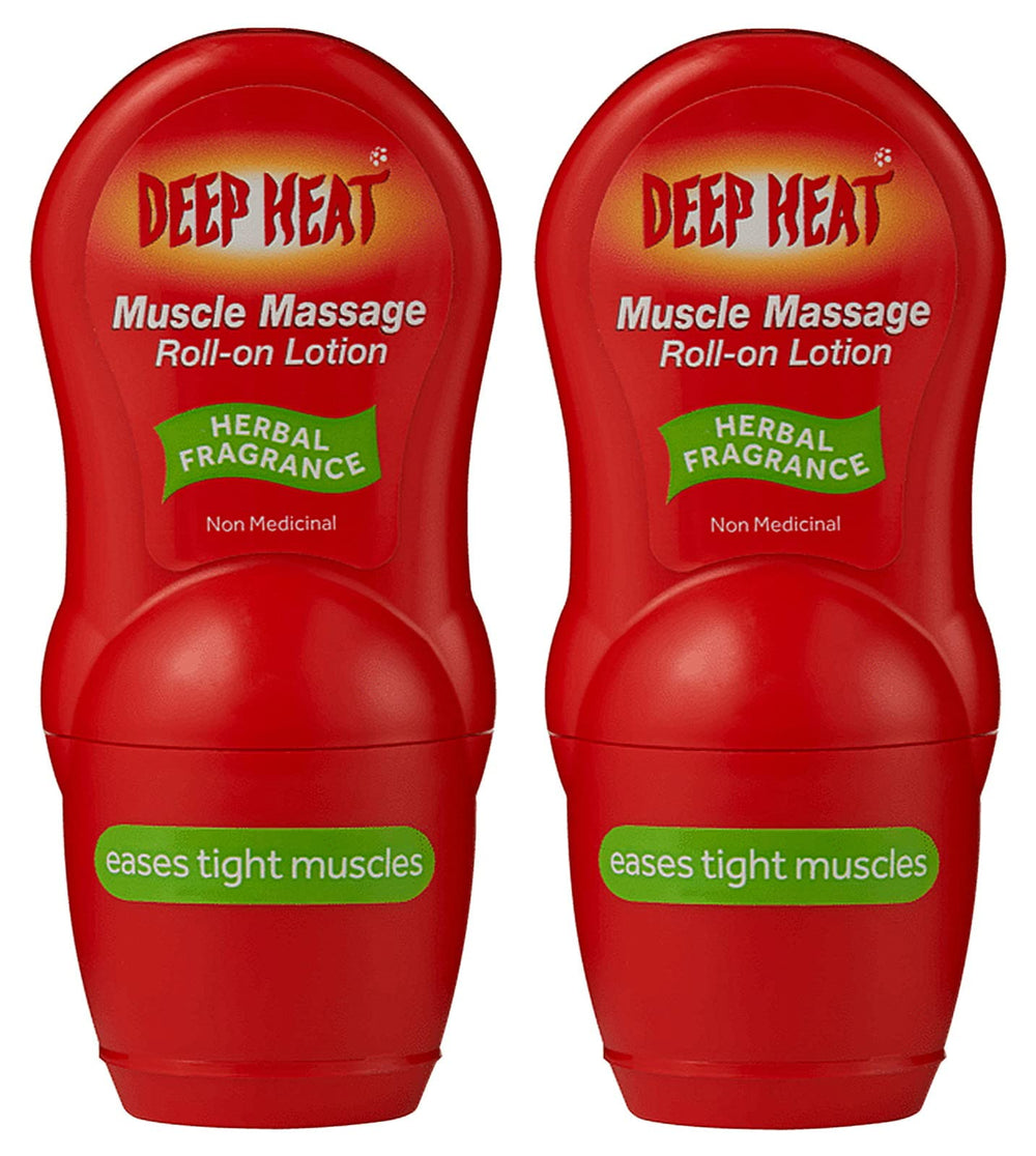 Deep Heat massage roll-on bottle close-up highlighting targeted warmth.