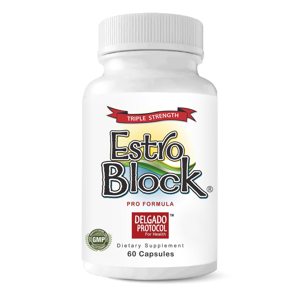 Delgado Protocol EstroBlock Pro triple-strength bottle front suggesting hormonal balance potential.