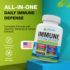 Deloma Health immune support bottle close-up showing the supplement bottle for immune care.