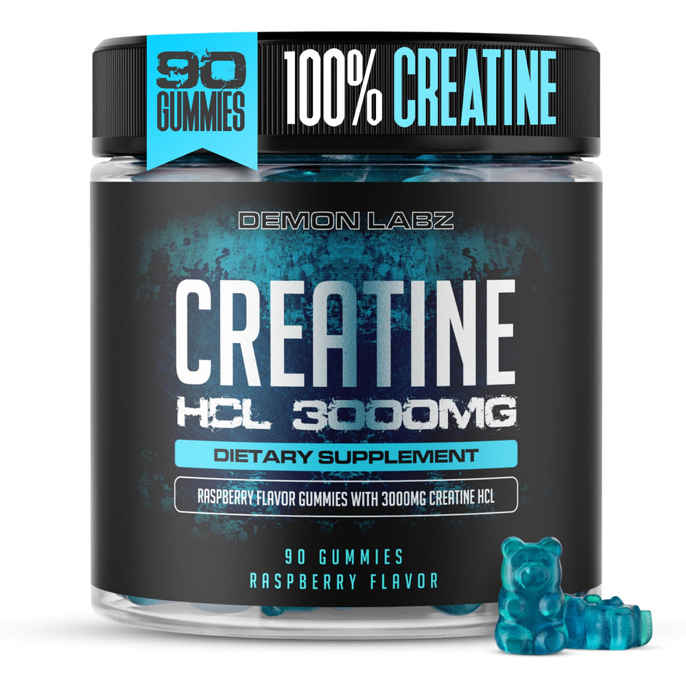 Demon Labz Creatine HCl Gummies raspberry bottle close-up for a bold flavor and easy daily dose