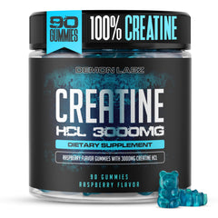 Demon Labz Creatine HCl Gummies raspberry bottle close-up for a bold flavor and easy daily dose