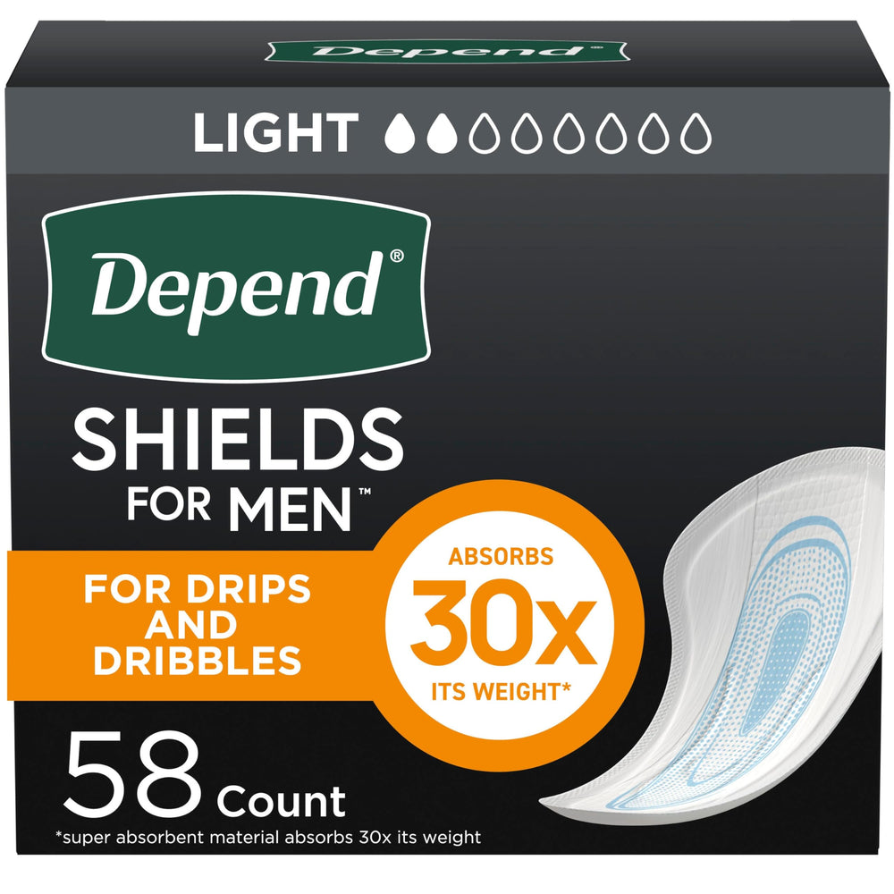 Depend Shields for Men packaging shows a discreet 58-count box for protection.