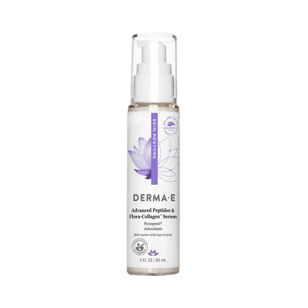 DERMA E Advanced Peptides & Flora-Collagen Serum bottle close-up showing silky hydration