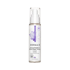 DERMA E Advanced Peptides & Flora-Collagen Serum bottle close-up showing silky hydration