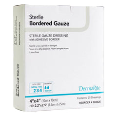 DermaRite bordered gauze dressing applied to wound for secure protection.