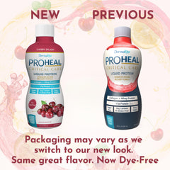 DermaRite ProHeal nutrition panel emphasizes hydrolyzed collagen and whey protein.