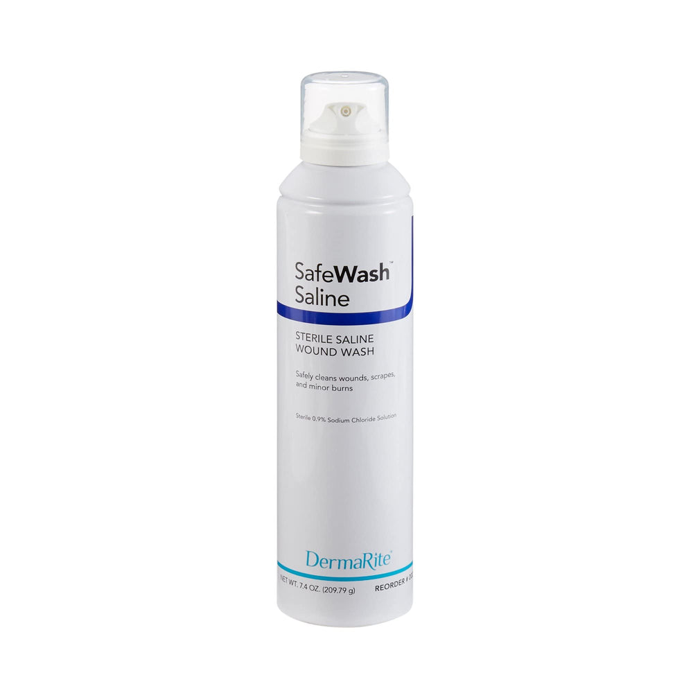 DermaRite Safe Wash Wound Saline packshot for gentle wound cleansing in clinical settings.
