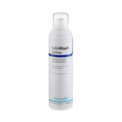 DermaRite Safe Wash Wound Saline packshot for gentle wound cleansing in clinical settings.