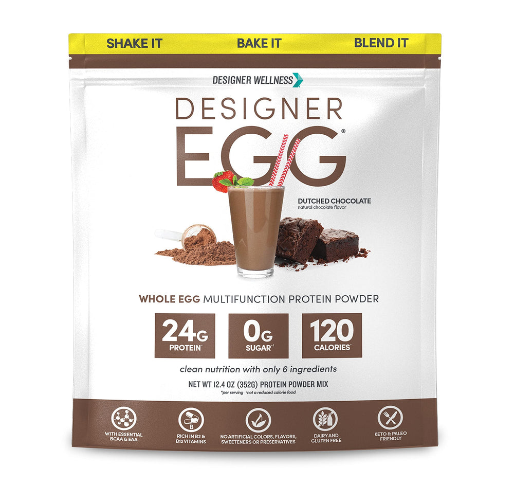 Designer Wellness Designer Egg bottle shows protein-packed packaging for daily shakes