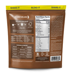 Designer Wellness Designer Whey nutrition panel highlights protein and probiotics for digestion.