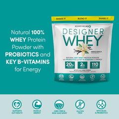 Designer Wellness Designer Whey label close-up highlighting gluten-free and no artificial ingredients