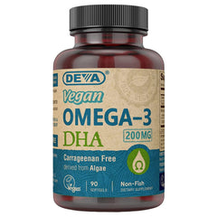 DEVA Vegan DHA softgels bottle front for convenient daily omega-3 support.