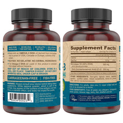 Close-up of DEVA DHA softgels pouring for easy daily supplementation.