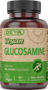 DEVA Glucosamine tablets bottle close-up, vegan and non-GMO supplement for daily joint care