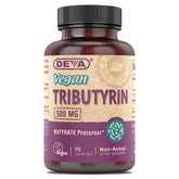 DEVA Tributyrin bottle front with vegan certification signaling gut support potential.