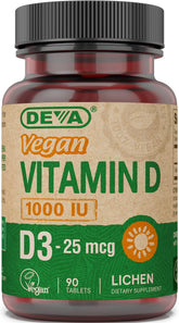 DEVA vegan D3 tablet close-up for easy daily intake.