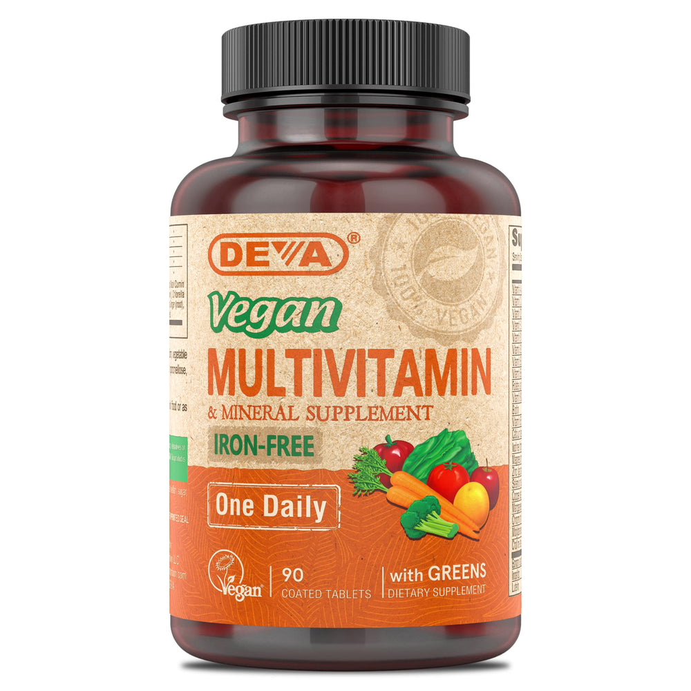 DEVA Vegan Iron-Free Multivitamin bottle front shows vegan label and daily vegan nutrition.