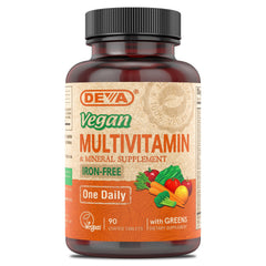 DEVA Vegan Iron-Free Multivitamin bottle front shows vegan label and daily vegan nutrition.