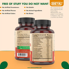 DEVA vegan multivitamin coated tablets close-up for easy daily intake.