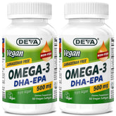 DEVA vegan omega-3 bottle front shows algae-based DHA-EPA for plant-based wellness.
