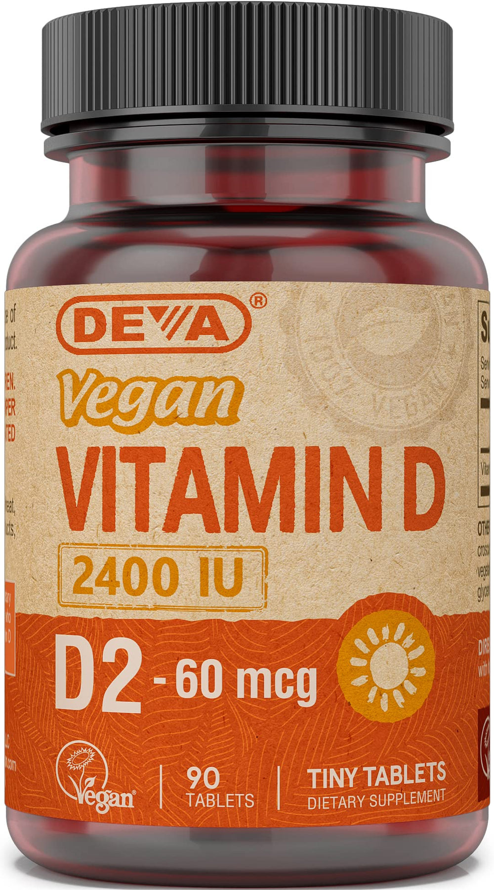 DEVA Vitamin D2 bottle and tablets for vegan daily sun-limited support.
