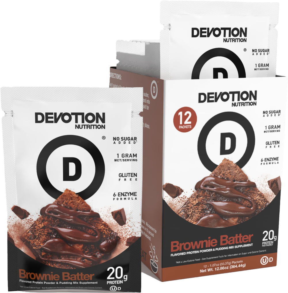 Devotion Nutrition Brownie Batter packets arranged for convenient on-the-go fueling.