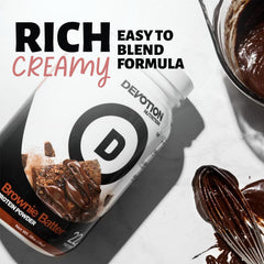 Devotion Nutrition Brownie Batter powder scoop beside open packets for quick mixing.