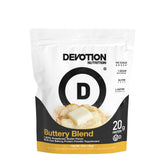 Devotion Nutrition Buttery Blend protein tub close-up label for easy post-workout fueling
