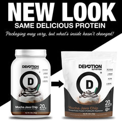 Devotion Nutrition Mocha Java Chip tub back – nutrition panel for health-conscious athletes.