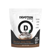 Devotion Nutrition Mocha Java Chip tub front – ideal for active lifestyle protein.
