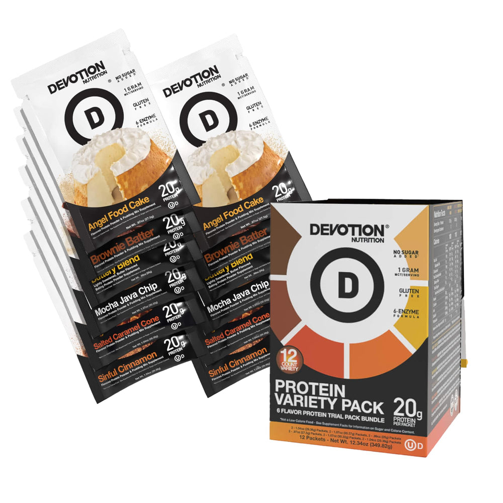 Devotion Nutrition protein variety pack with six flavors for versatile shakes