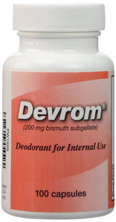 Devrom internal deodorant capsules bottle on counter, supports discreet odor management after meals